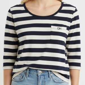 Gilly Hicks by Hollister Navy Blue White Striped Scoop Neck Pocket Tee | Size M